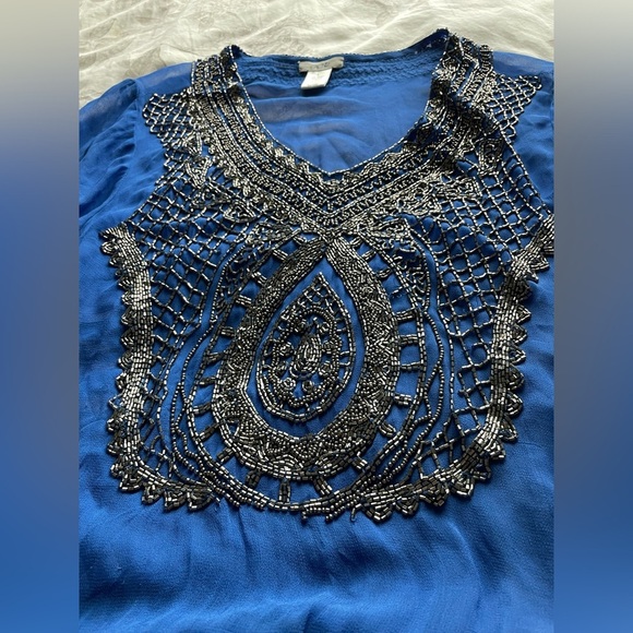 Cache Y2K Blue Beaded Drop Waist Tunic Top Large Gauzy Boho Office Fairycore - Picture 2 of 7